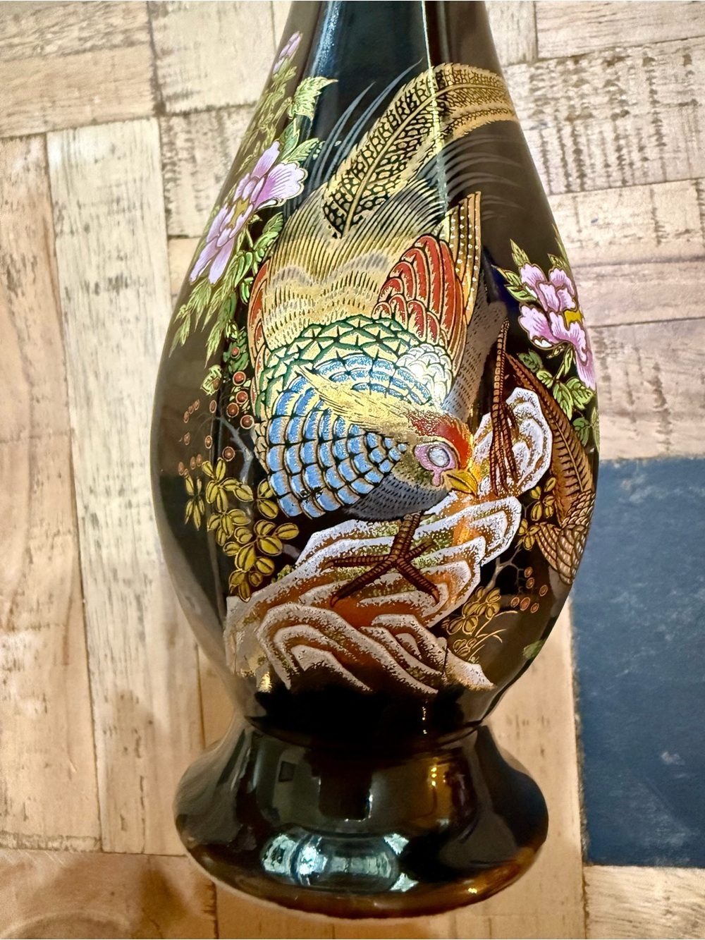 Vintage Japanese Brown Porcelain Vase Gold Gilded Pheasant Floral Design - Picture 8 of 9